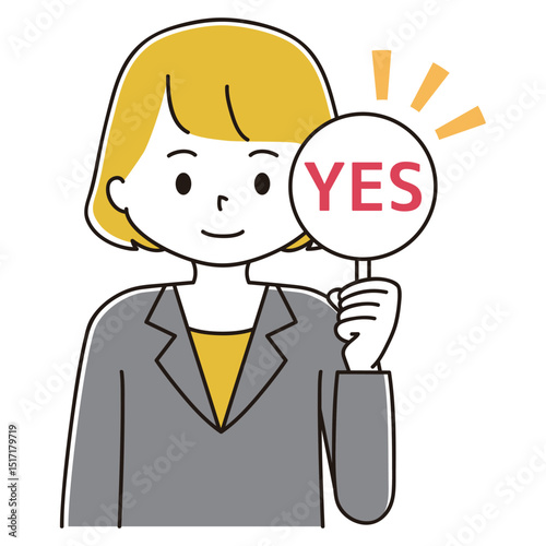 回答札を持つビジネスウーマンのイラスト　YES　OK　承諾