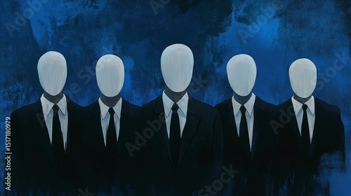 Five faceless figures in suits against a dark blue background.