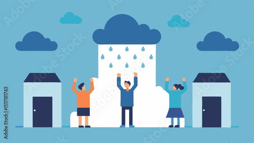 Clouds with Shopping Bags Clouds above a storefront pour down colorful shopping bags and shoppers stand with raised arms ready to catch the falling treasures.