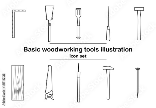 木工工具アイコンセットのベクター線画イラスト｜ノコギリ, ハンマー, カナヅチ, ノミ, キリ, 差し金, 木材, 釘