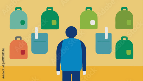 Choice of Alternatives A person standing in front of a wall of options deciding between various ecofriendly backpack choices made from recycled materials.
