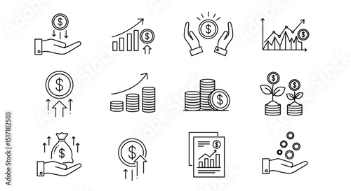 Line drawings depicting financial growth, investments, and monetary transactions with dollar signs on transparent background