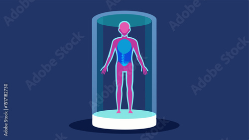Health Scanner Pod A cylindrical transparent pod where a patient stands while receiving a 3D scan with vibrant holographic graphics showing internal body analyses above the