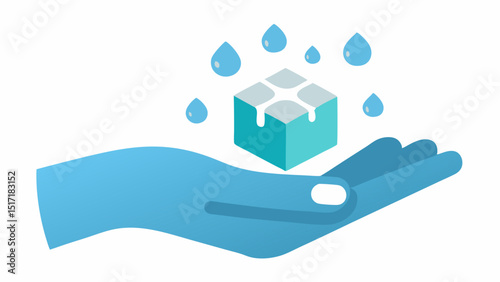 Hand Holding Ice Cubes A simple design of a hand holding a few ice cubes droplets of condensation visible symbolizing the application of cold on injuries.