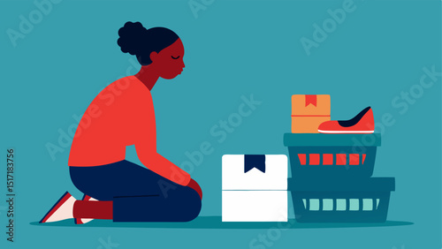 Basket of Shoes A shopper kneeling next to an overfilled shopping basket with several shoe boxes contemplating which pair to keep.