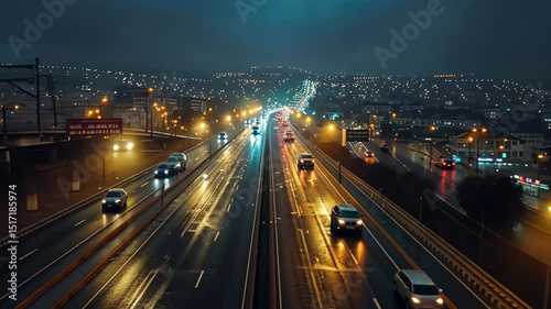 Night City Highway: Rain-slicked Roads and City Lights