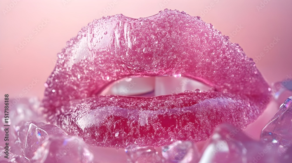 Fototapeta premium Close up shot of glistening pink lips covered in ice crystals perfect for beauty or cosmetic advertising