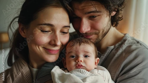 Tender Family Portrait: Parents Cherishing Their Newborn Baby