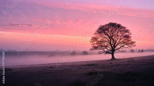 Solitary Tree at Dawn, Misty Meadow