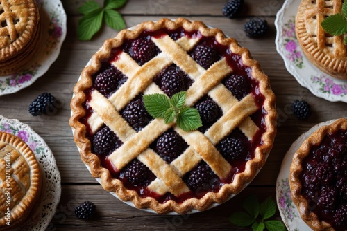 Indulgent blackberry pie topped with a beautifully woven lattice crust garnished with fresh mint leaves served alongside mini blackberry pies creating a rustic dessert experience