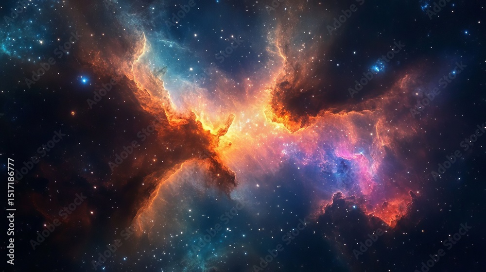 Fototapeta premium Vibrant Nebula in Deep Space Cosmic Clouds Stellar Background Orange Blue Hues