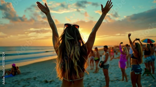 Beach Sunset Celebration: A Girl's Joyful Embrace of Summer's Golden Hour