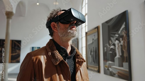 Virtual Art Experience: Man Exploring Art Through VR Headset in Gallery