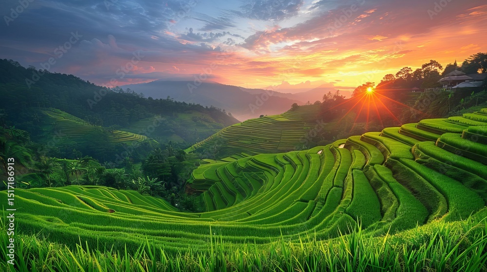 Fototapeta premium Stunning Sunrise Over Lush Green Rice Terraces in Asia A Breathtaking Landscape View