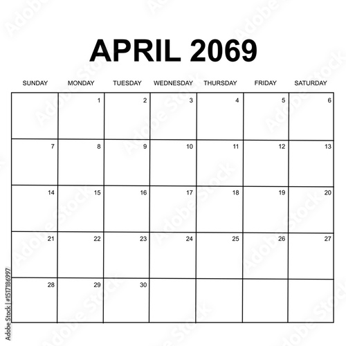april 2069. monthly calendar design. week starts on Sunday. printable, editable, simple, and clean vector design isolated on white background.