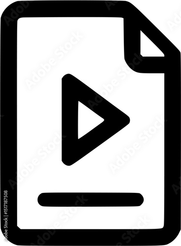 A black and white document icon with a play button symbol and a folded corner