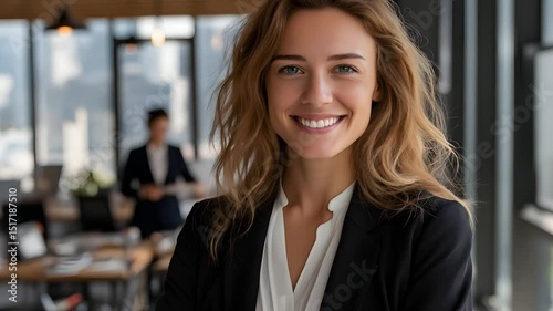 Wallpaper Mural Female executive smiling confidently in contemporary office with large glass windows (AI Video) Torontodigital.ca