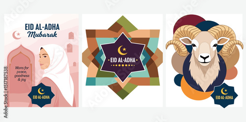 Eid al-Adha Eid Mubarak. Vector modern illustration of mosque, lamb, ornament, muslim woman in hijab, abstract pattern, crescent for greeting card, Islamic background, poster or sale flyer