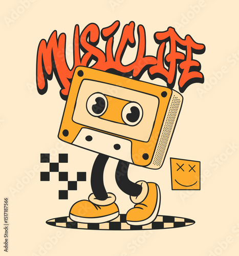 Music Life, Retro Cartoon Mixtape Character for Urban Streetwear T-shirt and Poster Art Design