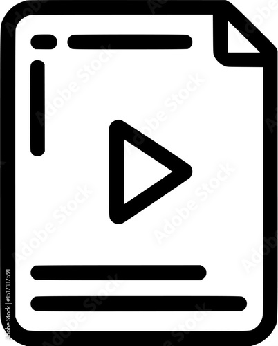 A black outline depicts a document with a play button a curled corner and horizontal bars conveying a video file icon