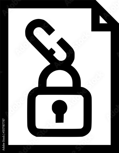 A white document with its corner folded features a stylized locked padlock under a broken chain all outlined in black