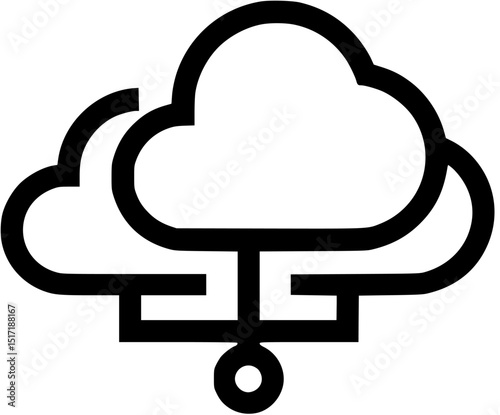Two cloud outlines are connected by a line to a circular object