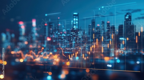 Financial Chart Overlaying a Blurred Cityscape at Night, Representing Market Trends
