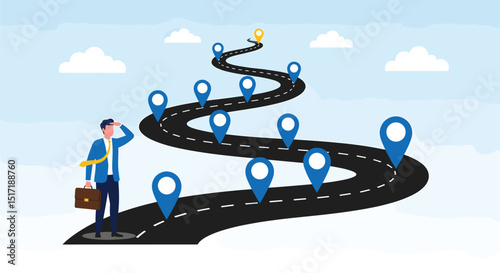 Success roadmap journey, milestone or career path achievement, route or pathway to achieve goals, accomplishment, assessment or way to success, businessman look at achievement milestone to success. 