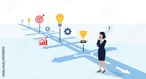 Success roadmap journey, milestone or career path achievement, route or pathway to achieve goals, accomplishment, assessment or way to success, businessman look at achievement milestone to success. 