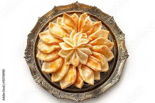 A photorealistic top-down view of a Moroccan chebakia