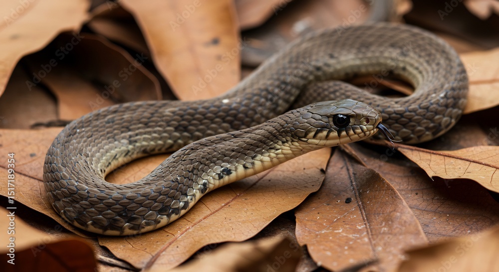 Obraz premium Brown snake subtly coils among autumn leaves bathed in soft sunlight. AI Generated