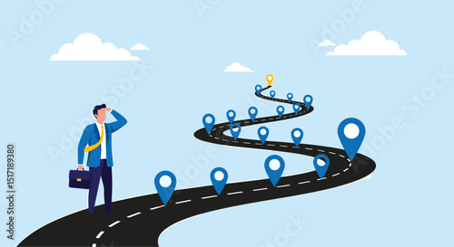 Success roadmap journey, milestone or career path achievement, route or pathway to achieve goals, accomplishment, assessment or way to success, businessman look at achievement milestone to success. 