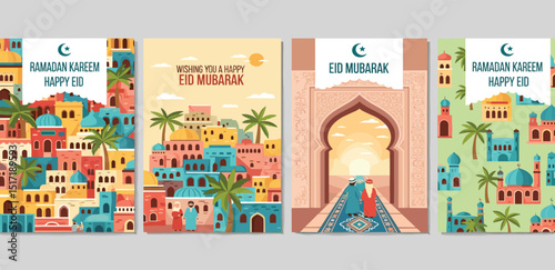 Ramadan Kareem! Eid Mubarak! Islamic holiday vector illustrations, Arabic architecture, mosque, pattern and background for a poster, congratulation or card