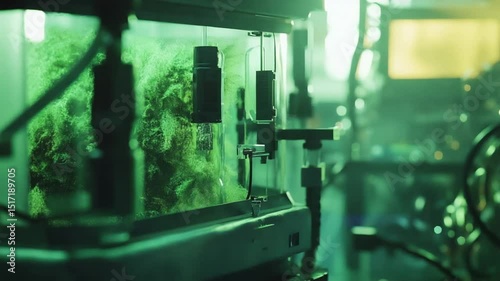 Close-up of a cutting-edge laboratory with green algae growing in an illuminated tank