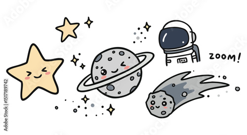 Cute Space Adventure Stars Planet Comet Astronaut Vector
