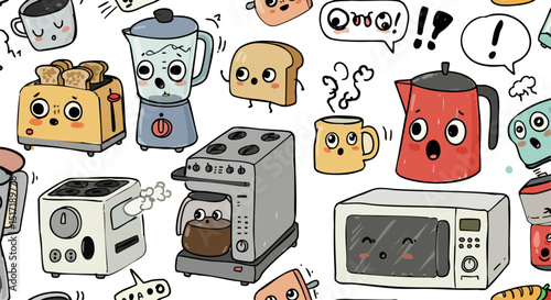 Cartoon Kitchen Appliances Food Characters Cute Vector