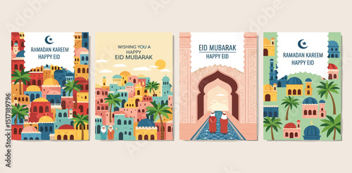 Ramadan Kareem! Eid Mubarak! Islamic holiday vector illustrations, Arabic architecture, mosque, pattern and background for a poster, congratulation or card