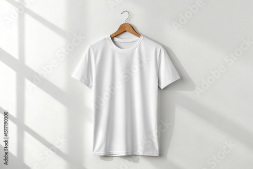 Frontal T-shirt mockup with plain white fabric and subtle shadows on white background photo