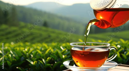 Ultra-realistic macro slow motion shot of amber tea pouring from a traditional clay teapot into a clear glass cup.
