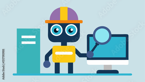 Content Safety Inspector A robot character with a hard hat and magnifying glass inspecting posts on a computer screen symbolizing the thorough inspection by AI to ensure content
