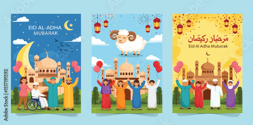 Eid al-Adha! Vector illustration to the holy Islamic holiday for poster, background or card. Drawings of a ram, a mosque, people rejoicing and a crescent