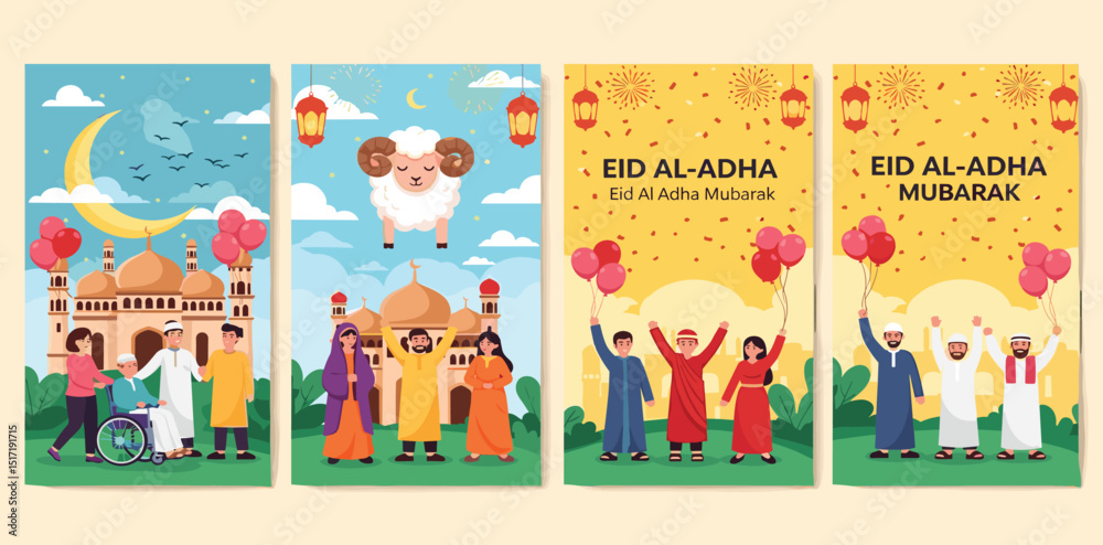 Eid al-Adha! Vector illustration to the holy Islamic holiday for poster, background or card. Drawings of a ram, a mosque, people rejoicing and a crescent Eid al-Adha! Vector illustration to the holy Islamic holiday for poster, background or card. Drawings of a ram, a mosque, people rejoicing and a crescent