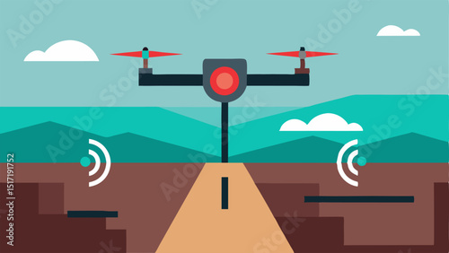 Border Patrol A drone flying over a simulated border landscape scanning the ground for passages and indicating nogo zones with visual alerts.