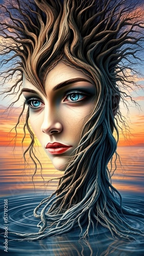 Womantree emerges amidst serene waters