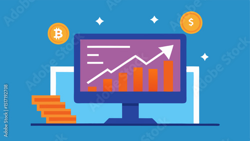 Cryptocurrency Chart A line graph with an upward trend displayed on a computer screen next to a mining rig showing the potential profits from mining activities.