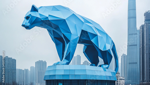 A majestic giant origami panther adorns a modern Chinese skyscraper