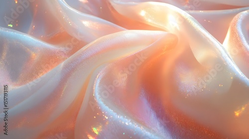 Soft Peach and White Iridescent Fabric Draped in Gentle Waves Luxurious Textured Background