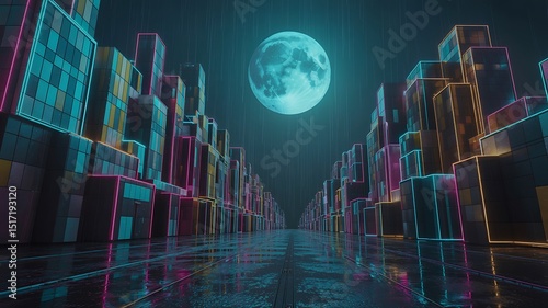A neon city street with buildings and a moon in the sky on a rainy night with reflections
