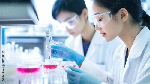 Asian female scientists conducting research in laboratory with pink liquid sample