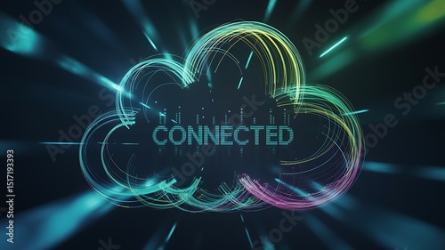 A digital cloud with the word connected in the center and light rays emanating from the cloud